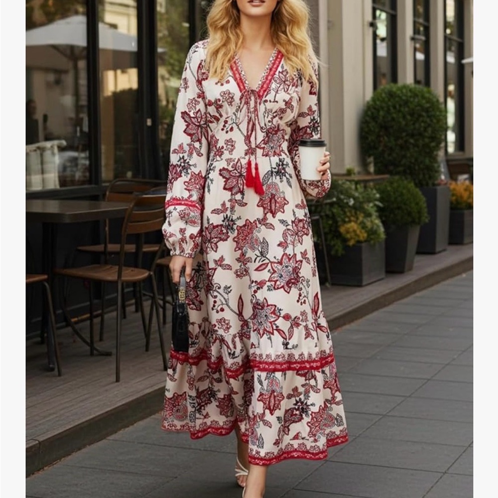 Sunny spirit women’s maxi BoHo print with tassel size large long sleeve dress